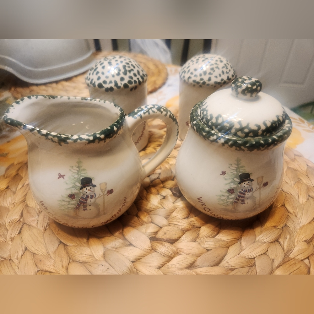4 Piece Set Christmas Salt & Pepper Shakers Cream& Sugar We Can Build A Snowman
